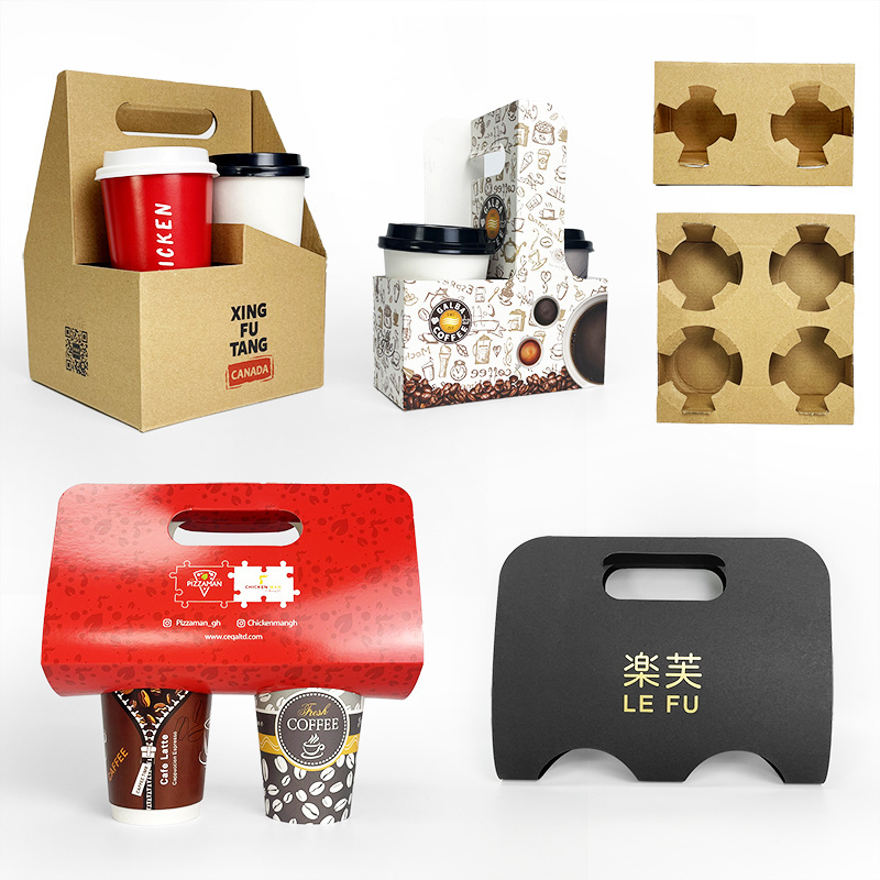 Wholesale paper cup carrier customized logo foldable cardboard 1/2/4 compartments disposable coffee tea paper cup holder