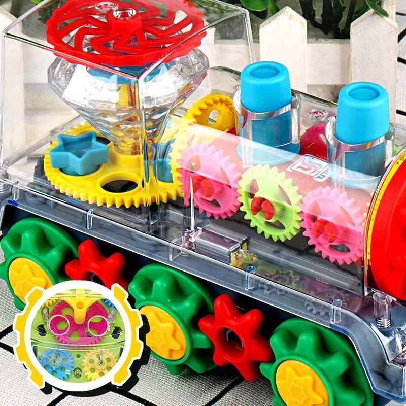 LONGXI gear train electric 4D light car dominos gear toy train toy for toddlers Universal Running transparent shell toy cars