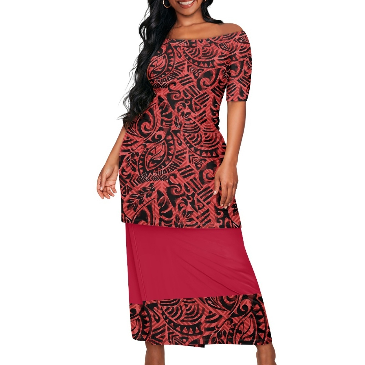 Wholesale Puletasi Samoan Dress Women Plus Size Short Sleeve Dress Skirts Set Latest Polynesian Tribal Autumn Dresses