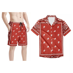 New Arrivals Wine Red Man Beach Short & Shirts Set Paisley Bandana Printed Clothing Custom Casual Men Beachwear For Beach Swim