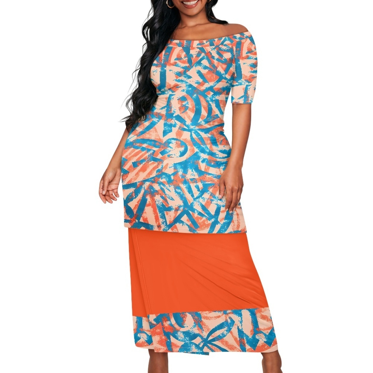 Wholesale Puletasi Samoan Dress Women Plus Size Short Sleeve Dress Skirts Set Latest Polynesian Tribal Autumn Dresses