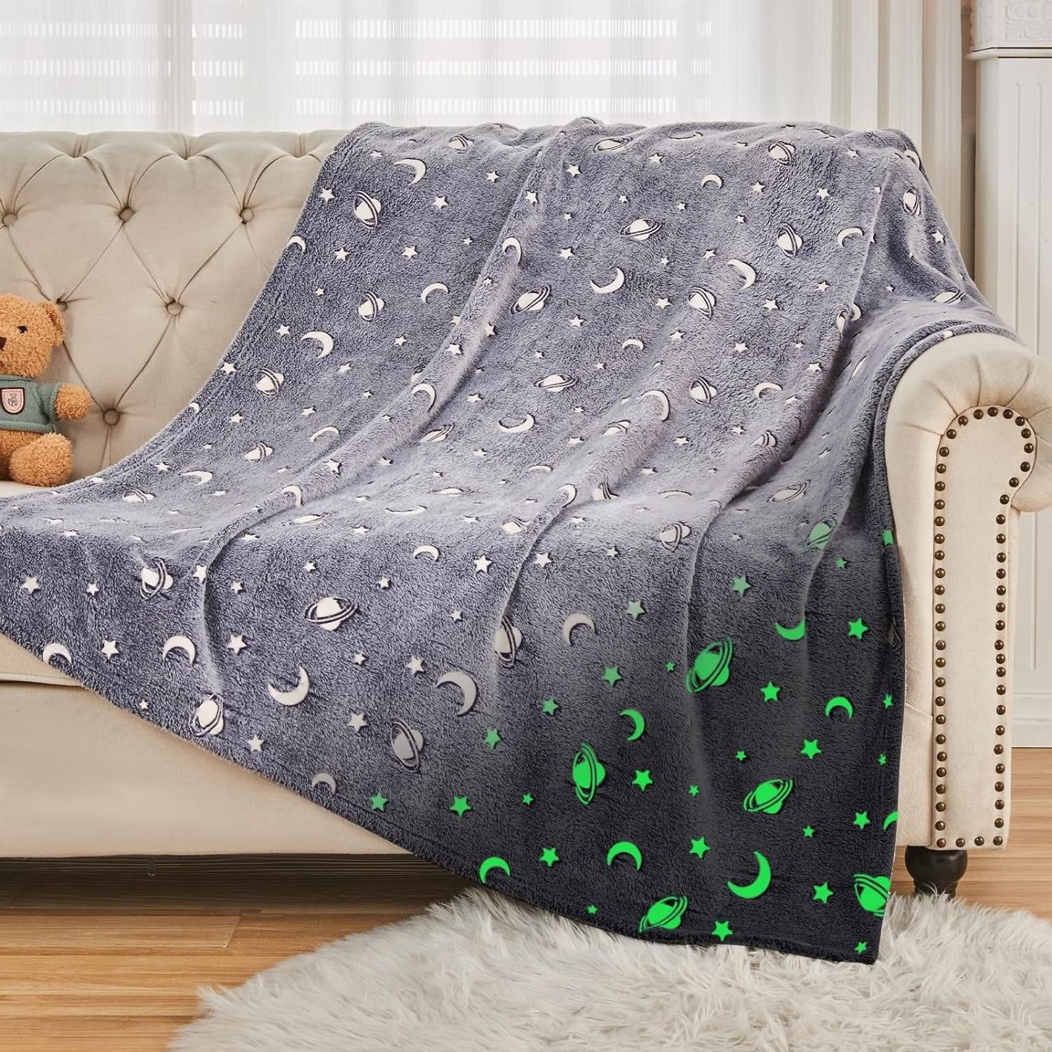 High Quality Glow In The Dark Hoodie Blanket Flannel Fleece Galaxy Stars Luminous Dinosaur Super Soft Warm Kids Throw Blanket