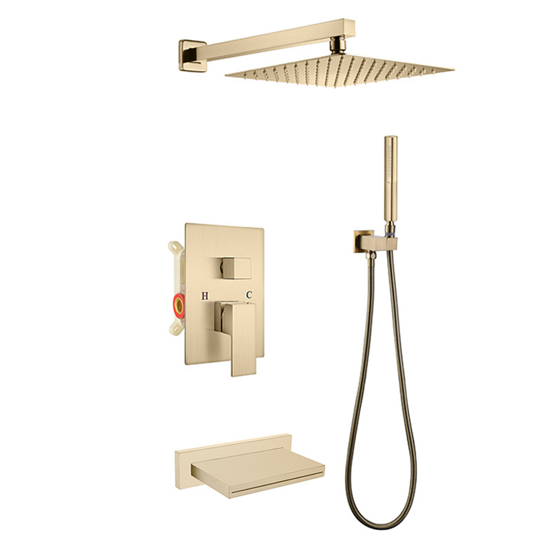 Brushed Gold Luxury Contemporary Shower In-wall Rainfall Bathroom Shower Set 3 Ways Hot and Cold Shower System