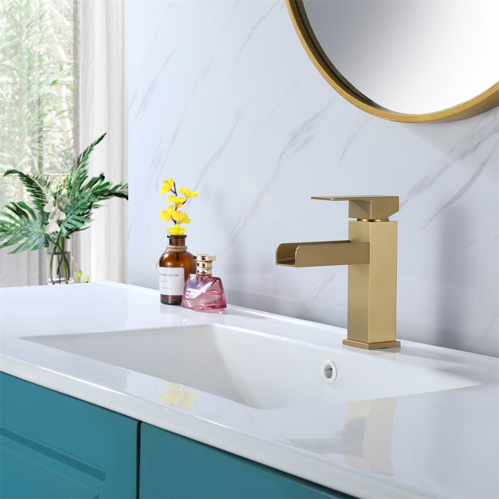 Waterfall Brass Deck Mounted Faucets Single Handle Antique Basin Faucet Bathroom Brushed Gold Finished Wash Basin Faucets