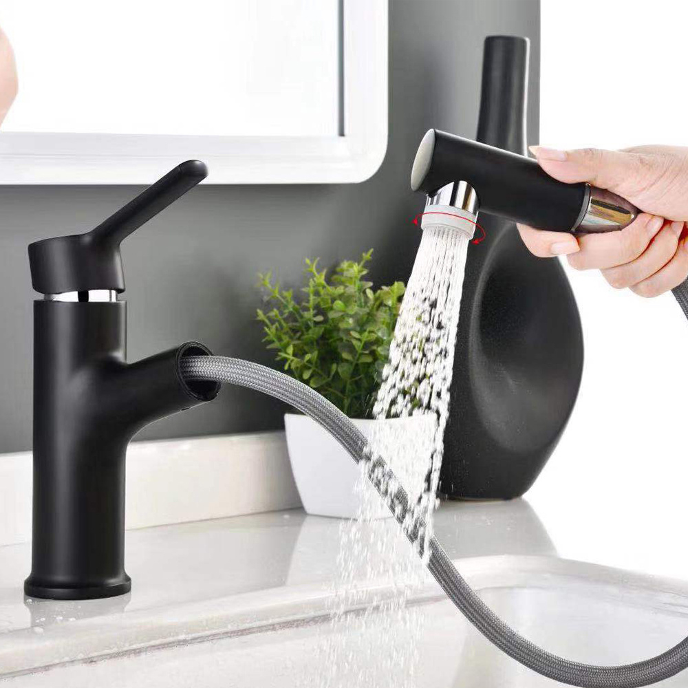 Taphome New design deck mounted bathroom faucet brass pull out basin mixer hot cold water black taps lavatory faucets