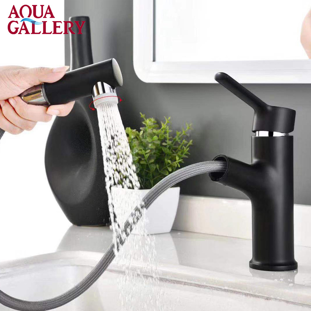 Taphome New design deck mounted bathroom faucet brass pull out basin mixer hot cold water black taps lavatory faucets