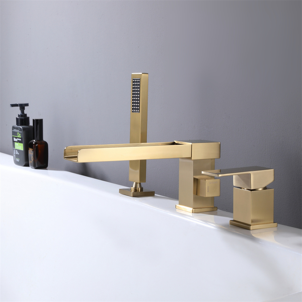 Luxury Style 2 Ways Brushed Golden Finished Bathroom Bathtub Deck Mounted Bathtub Waterfall Faucet With Shower Handle