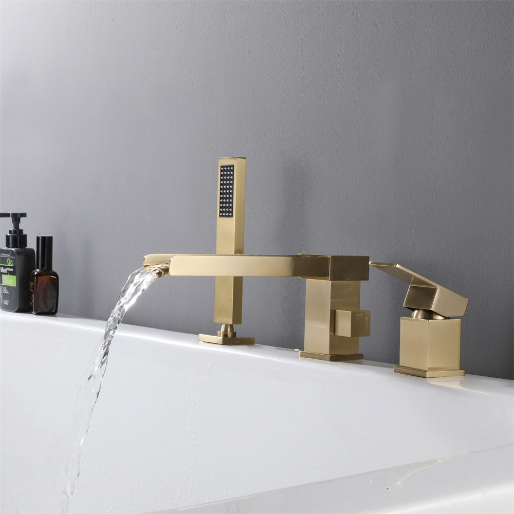 Luxury Style 2 Ways Brushed Golden Finished Bathroom Bathtub Deck Mounted Bathtub Waterfall Faucet With Shower Handle