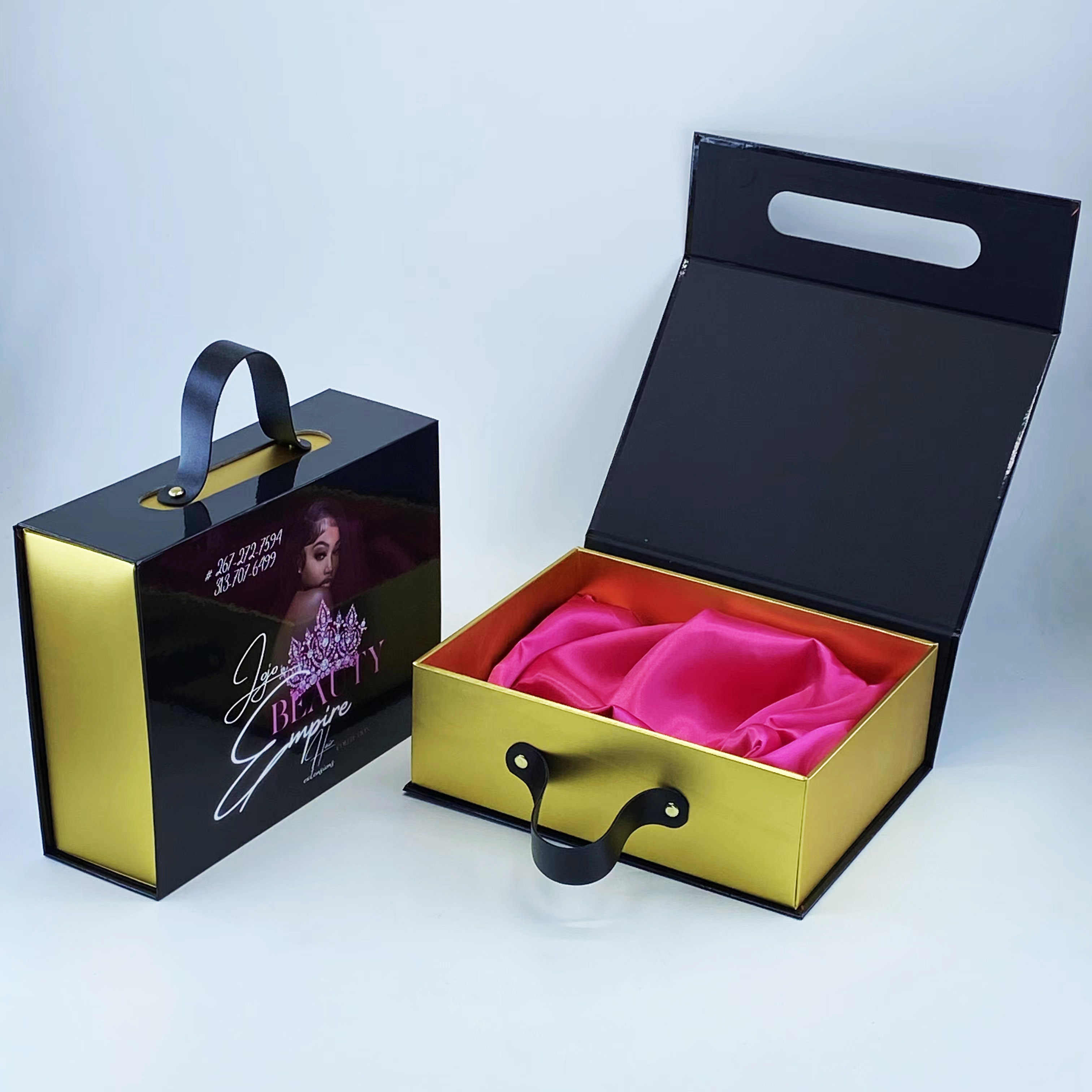 custom flash black cardboard box with satin lining handles bag for human hair wig human hair extension collection packaging box