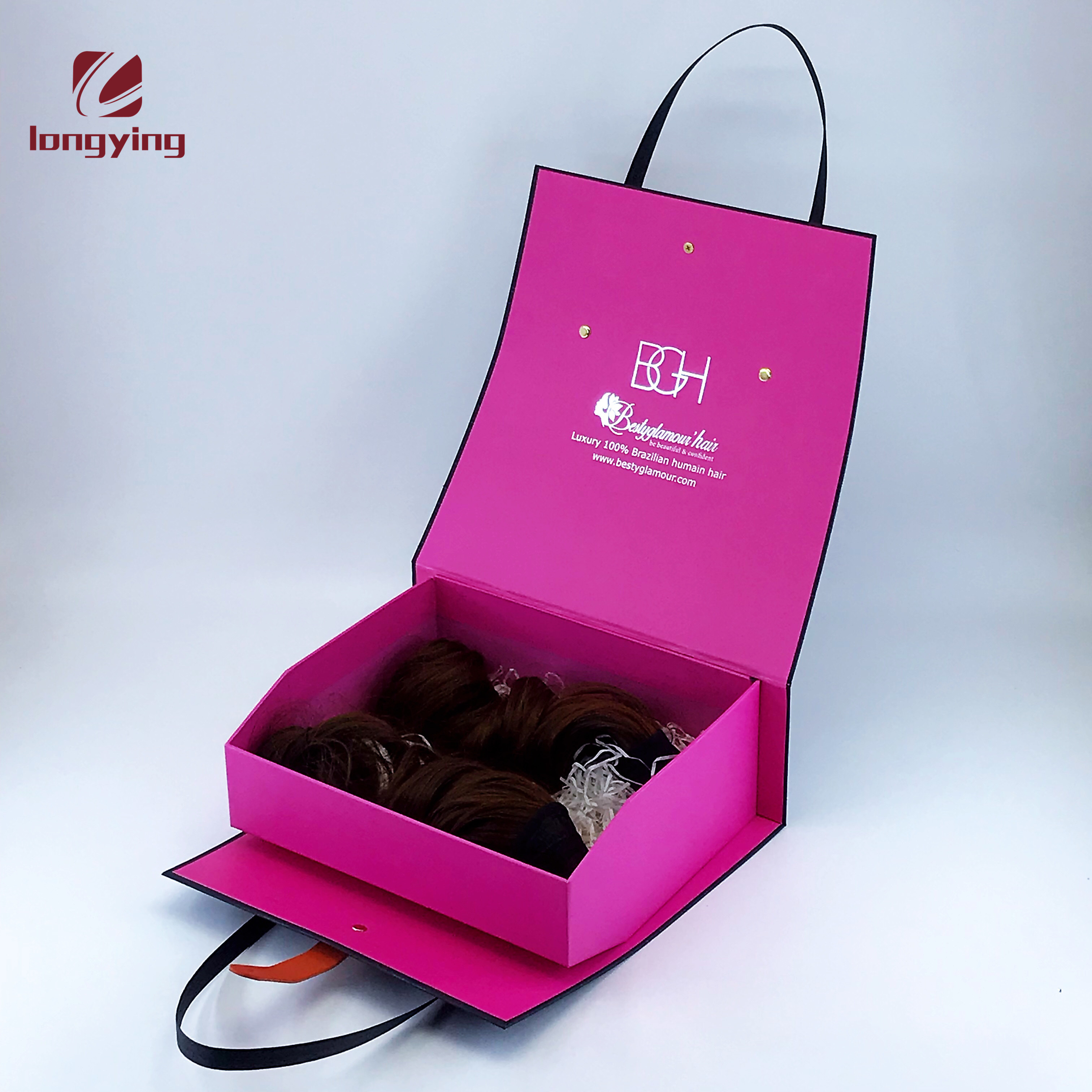 free design custom luxury fashion cardboard box with handles bag for human hair  wig human hair hair extension packaging