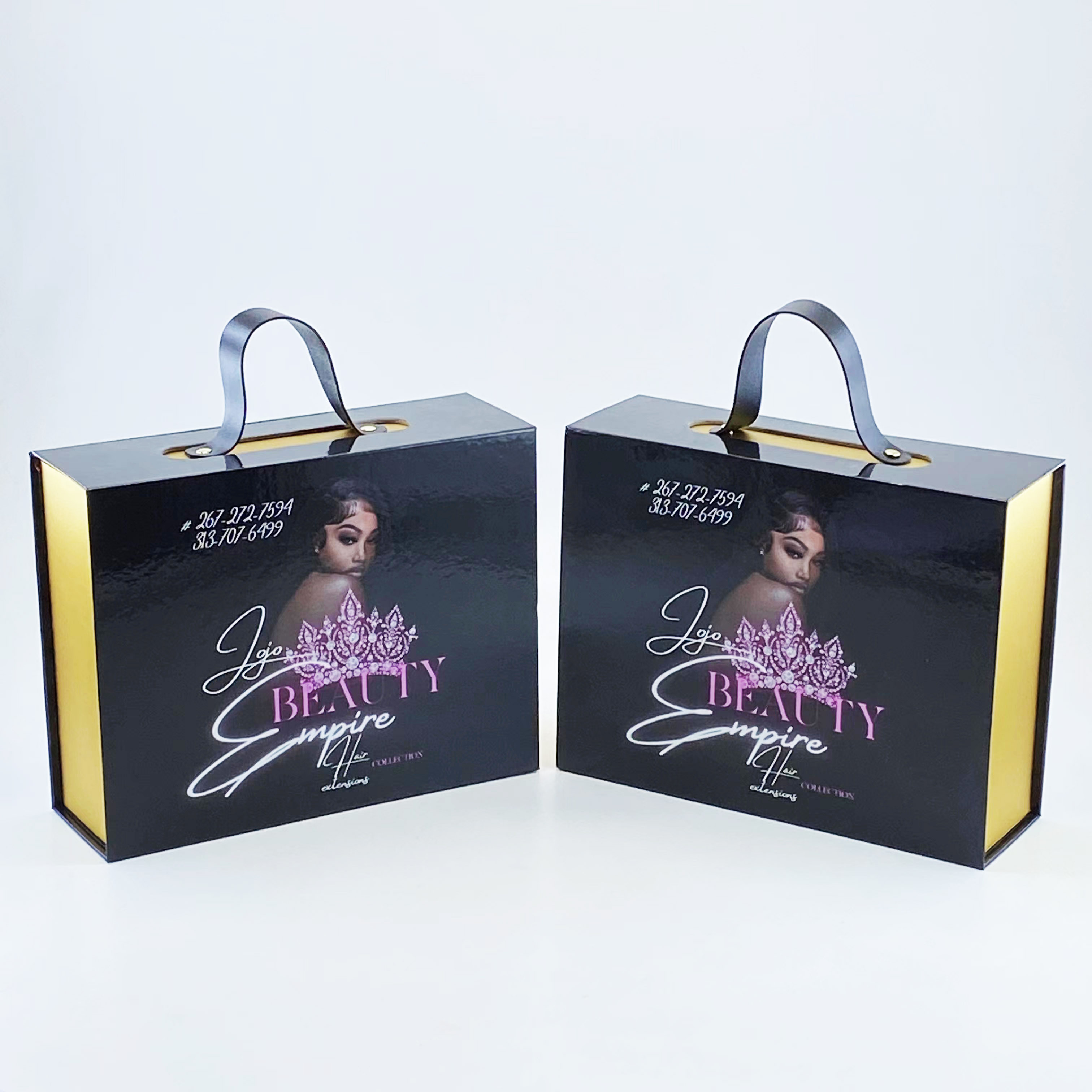 custom flash black cardboard box with satin lining handles bag for human hair wig human hair extension collection packaging box