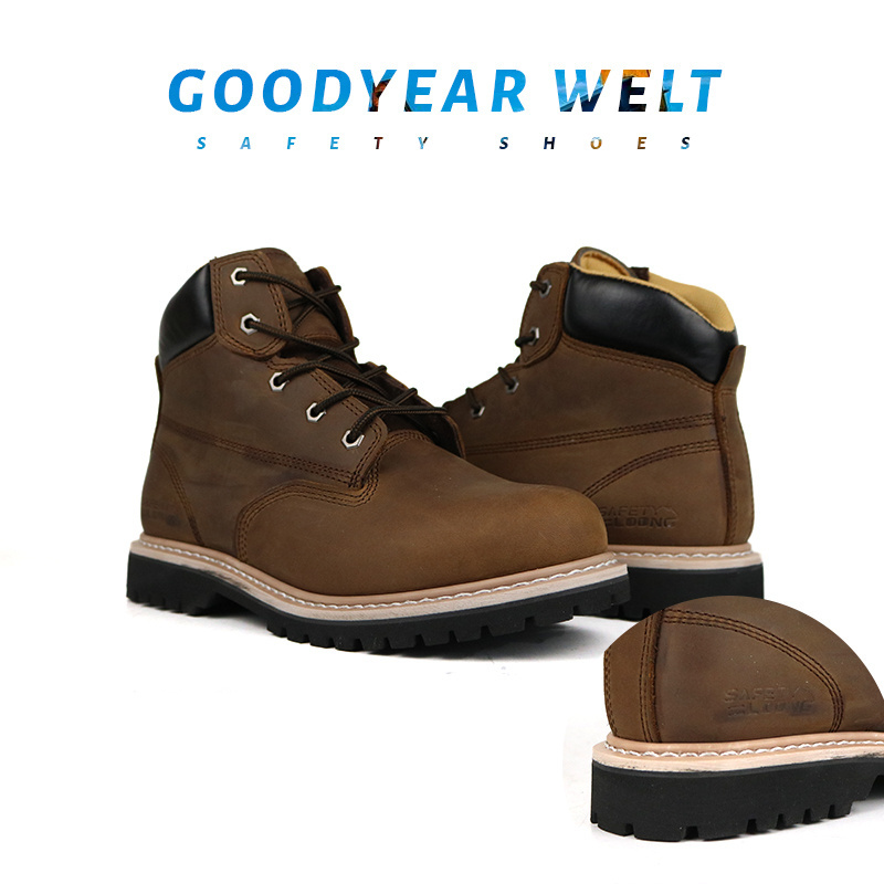 Genuine Leather Crazy Horse Leather Goodyear welt construction Work Boots industrial Unisex's Safety Shoes for man