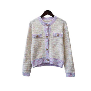 Wholesale Custom OEM&ODM Fashion Spring And Autumn Lapel Color Women's Loose Knit Top Vintage Crewneck Women Cardigan Sweater