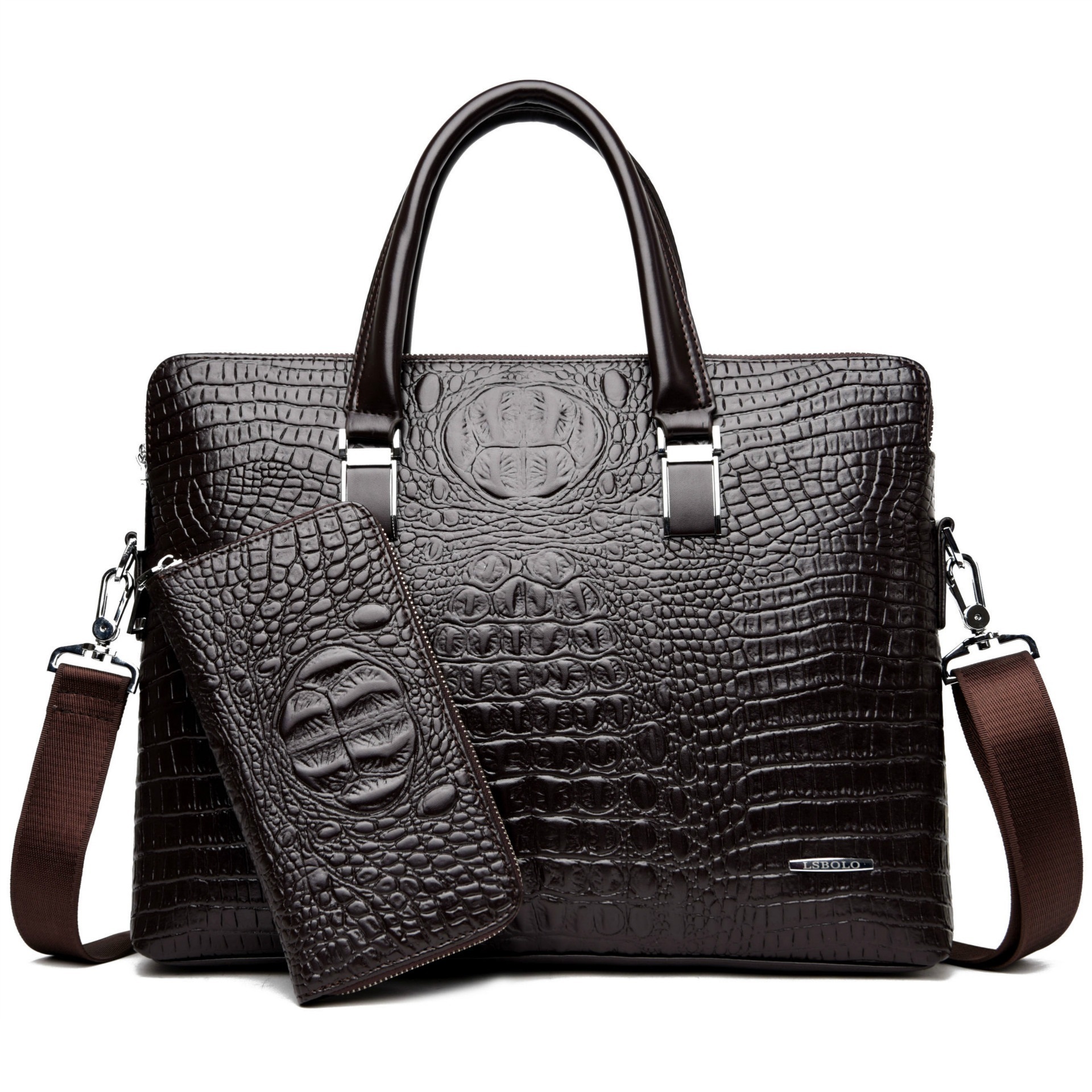 New Men's Bag Crocodile Pattern Briefcases With Wallets Double Pull Handbag Business Crocodile PU Leather Briefcases