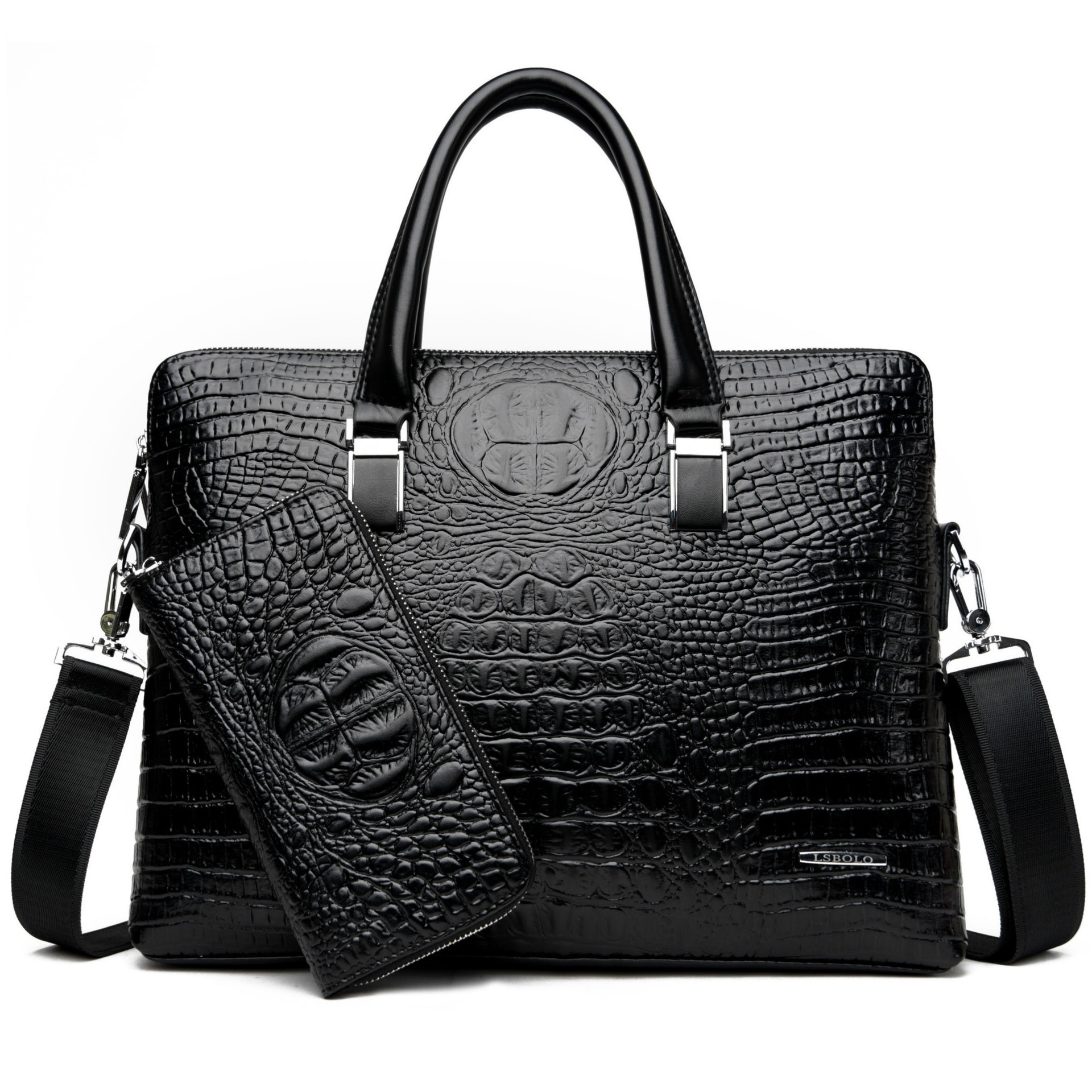 New Men's Bag Crocodile Pattern Briefcases With Wallets Double Pull Handbag Business Crocodile PU Leather Briefcases