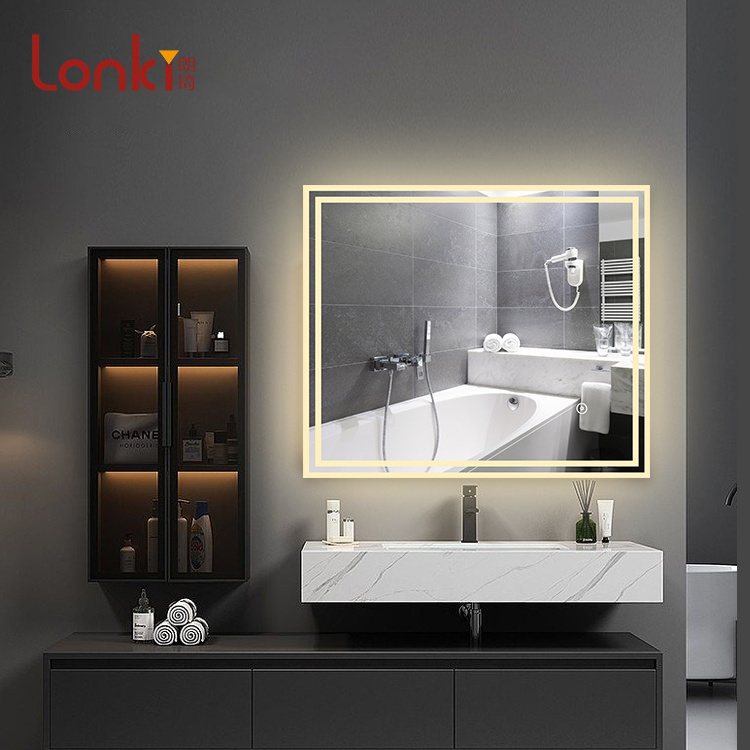 Lonki New Product Anti-fog Touch Switch Aluminum Frame Three Color Lighting Rectangle LED Bathroom Mirror