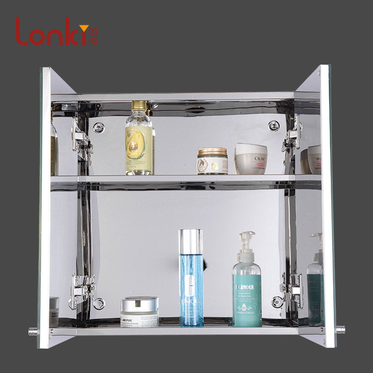 Lonki High Quality Wall Mounted Rectangle Vanity Three tiers Stainless Steel Bathroom Mirror Cabinet