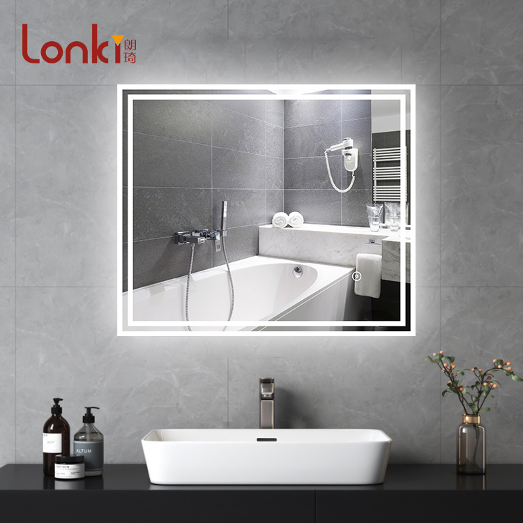 Lonki New Product Anti-fog Touch Switch Aluminum Frame Three Color Lighting Rectangle LED Bathroom Mirror