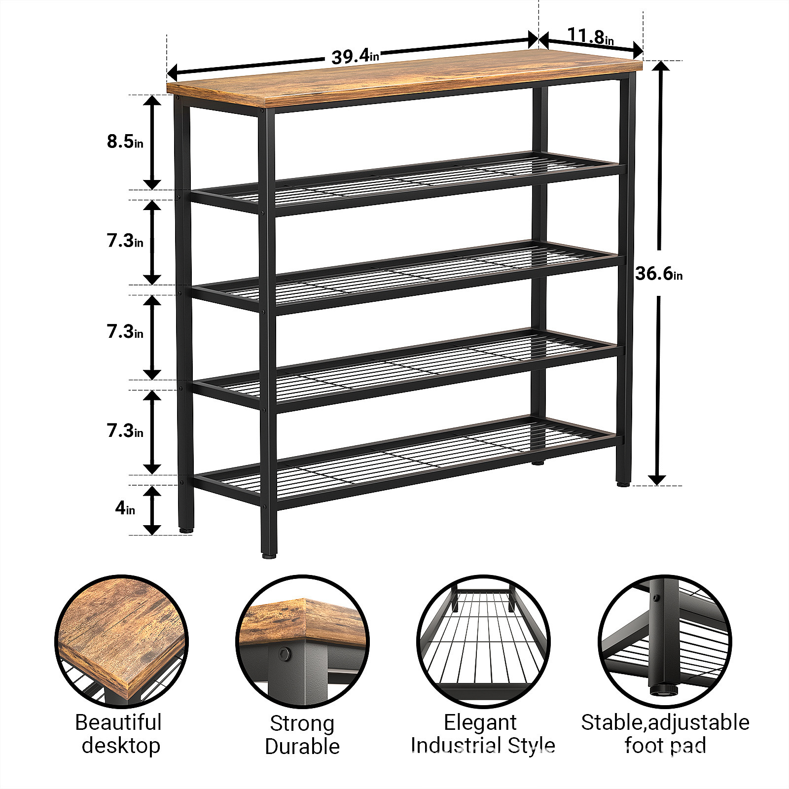 4 Tier Shoe shelf Wooden Metal Shoe Shelves Industrial Shoes Storage Rack and Organizer for Bedroom, Entryway, Hallway