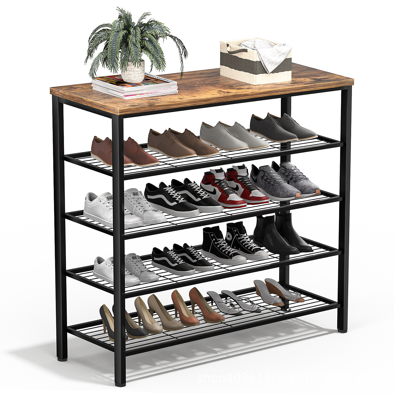 4 Tier Shoe shelf Wooden Metal Shoe Shelves Industrial Shoes Storage Rack and Organizer for Bedroom, Entryway, Hallway