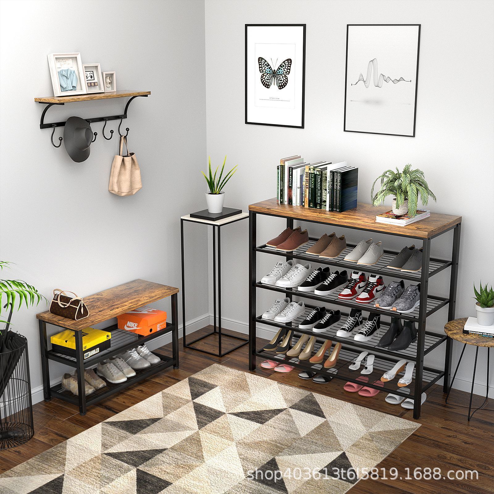 4 Tier Shoe shelf Wooden Metal Shoe Shelves Industrial Shoes Storage Rack and Organizer for Bedroom, Entryway, Hallway