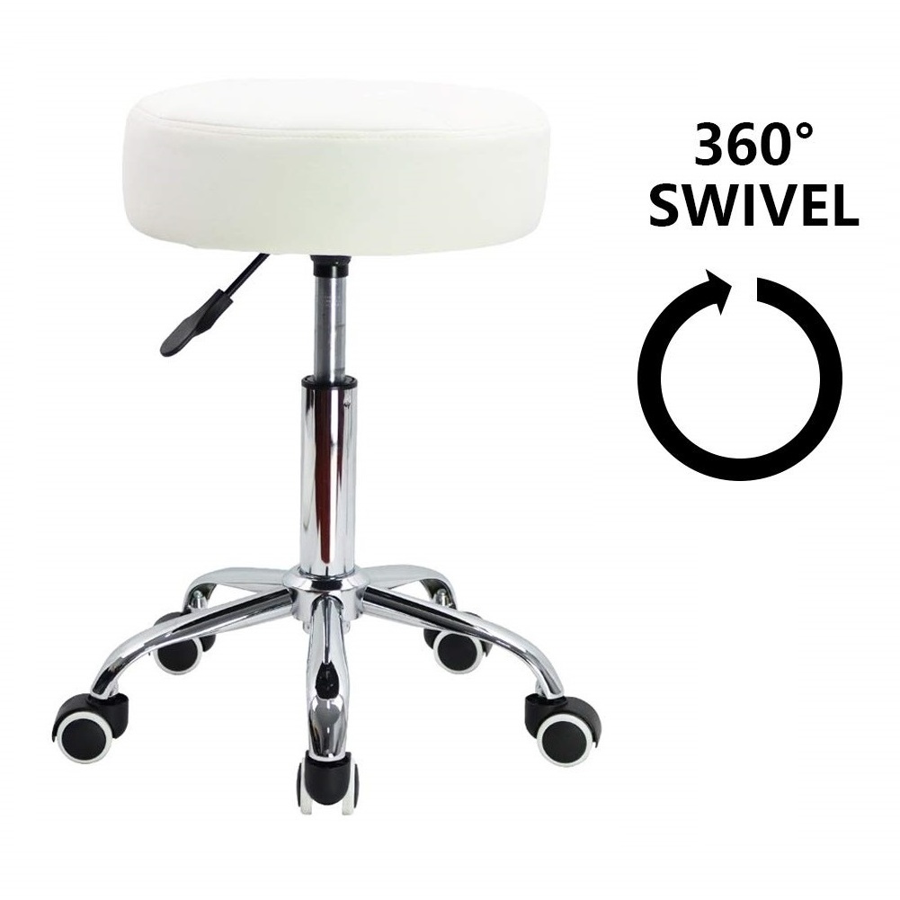 White Height Adjustable Bar Chair Salon Stool  Chair Swivel Rolling  Office Stool with Wheels