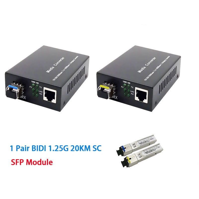 Gigabit Media Converter SFP Transceiver Module 20KM 1000Mbps Fast Ethernet RJ45 to Fiber Optic switch 2 port LC Mode 2PCS