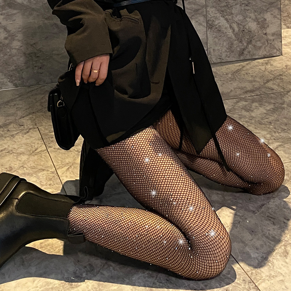 Sparkly Diamond Fishnet Stockings High Waist Tights Shiny Rhinestone Sheer Pantyhose With Bling Crystals