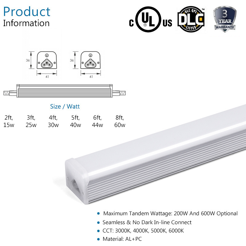 DLC 5000 Lumen 100v-277v 2Ft 4Ft 25W 60W T5 Led Integrated Double Batten Fixture Tube Light For Shop Stadium Garage Warehouse