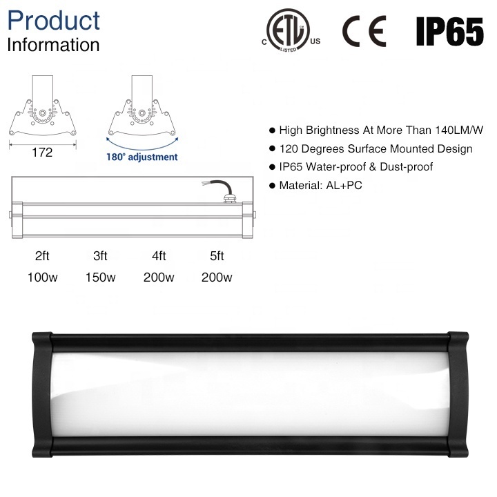 high lumen adjustable angle led aluminium 100w 150w 200w 250w linear high bay light