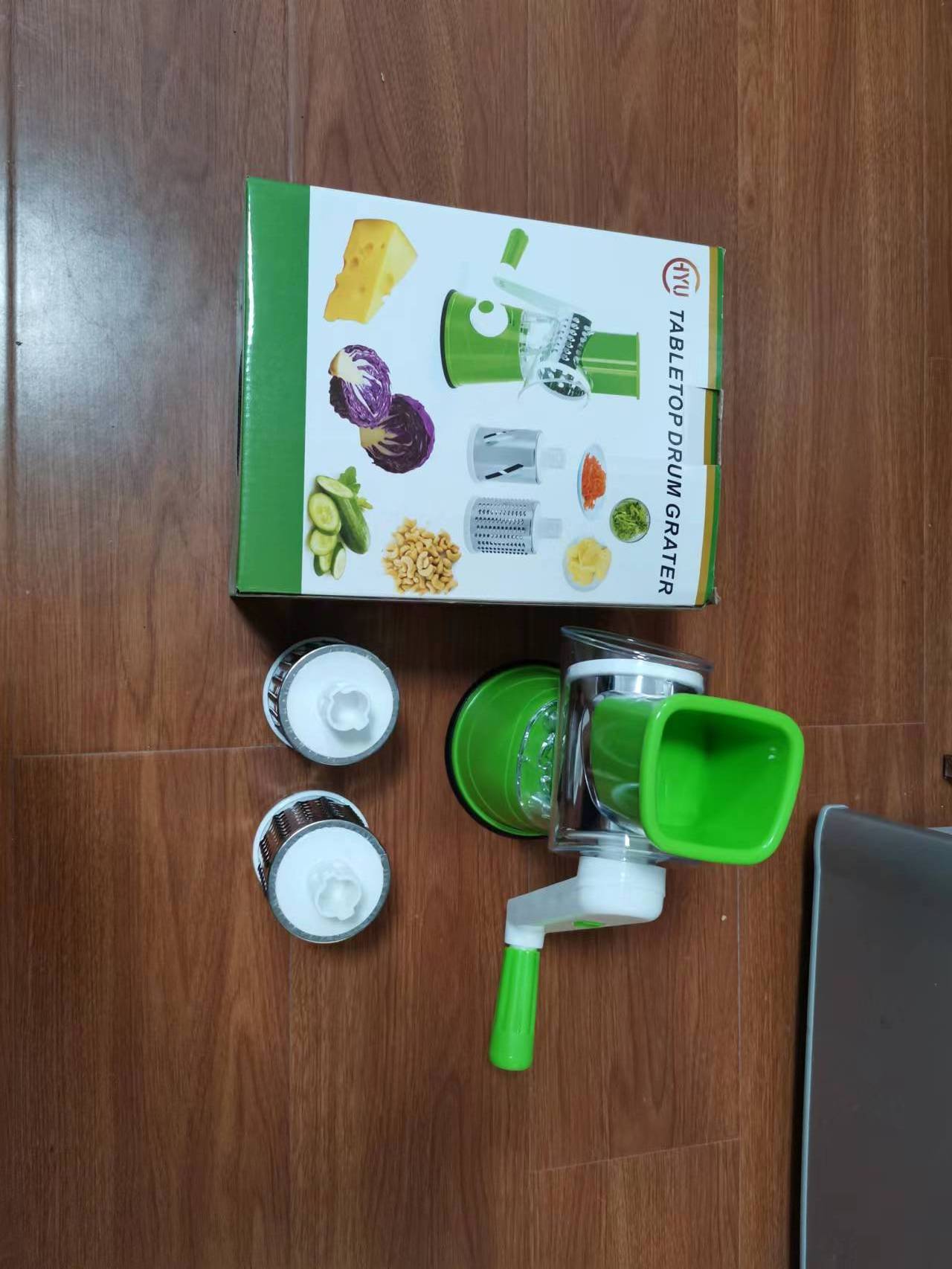 Cheese Grater Shredder Rotary Manual Vegetable Slicer 3 Interchangeable Round Stainless Steel Blades with Suction Base and Clean