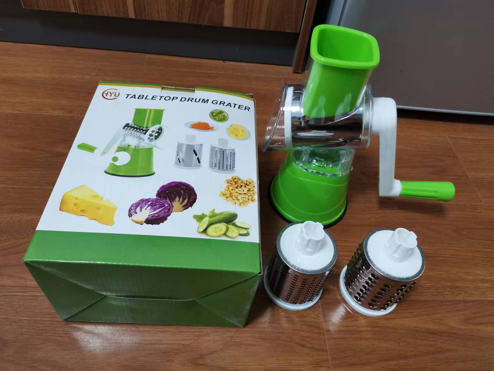 Cheese Grater Shredder Rotary Manual Vegetable Slicer 3 Interchangeable Round Stainless Steel Blades with Suction Base and Clean