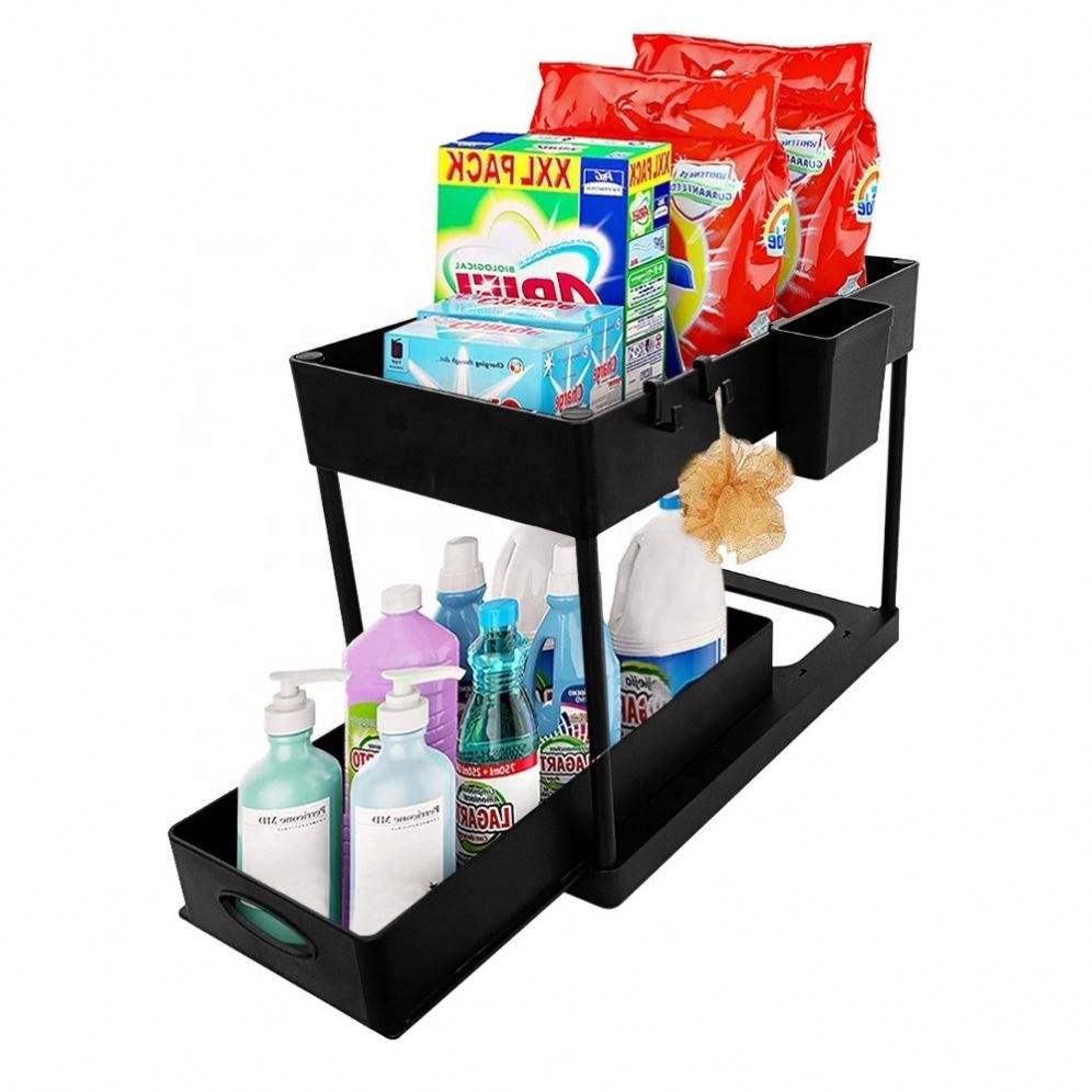 Bathroom Kitchen Collection Basket Cabinet Under Sink Shelf Organizer Rack Storage 2 Tiers Plastic Kitchen Accessories Foldable