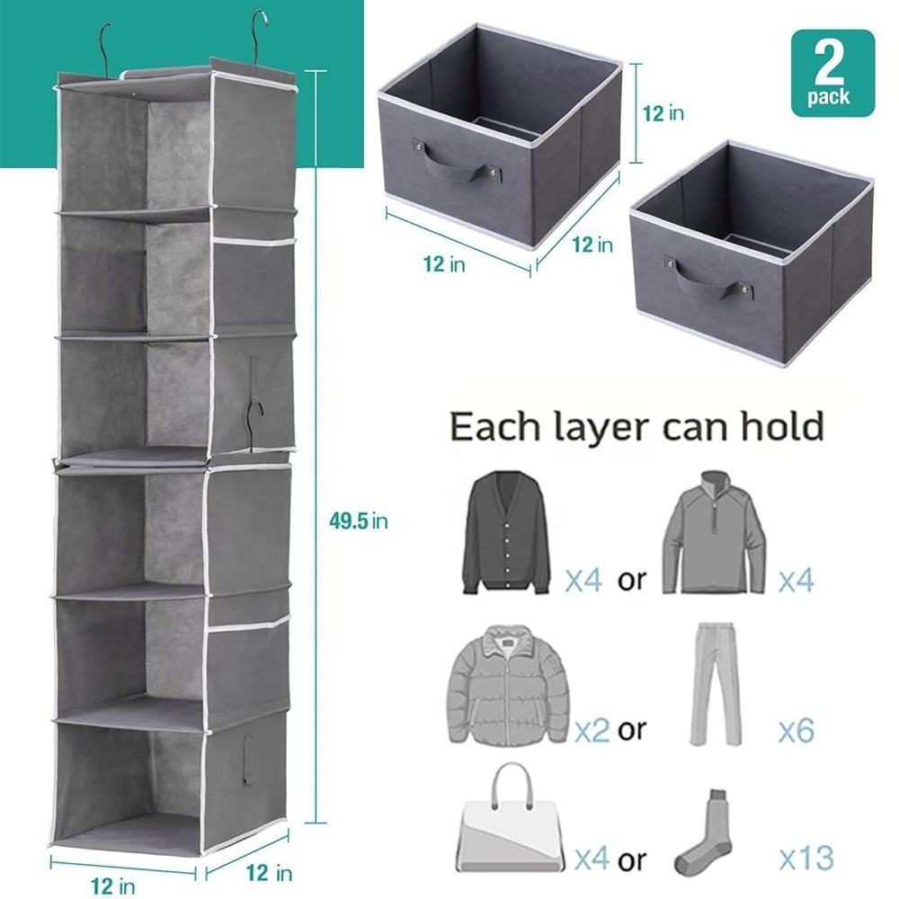 2023 new Hanging Closet Organizers 6-Shelf Hanging Closet Storage Shelves with 2 Drawers