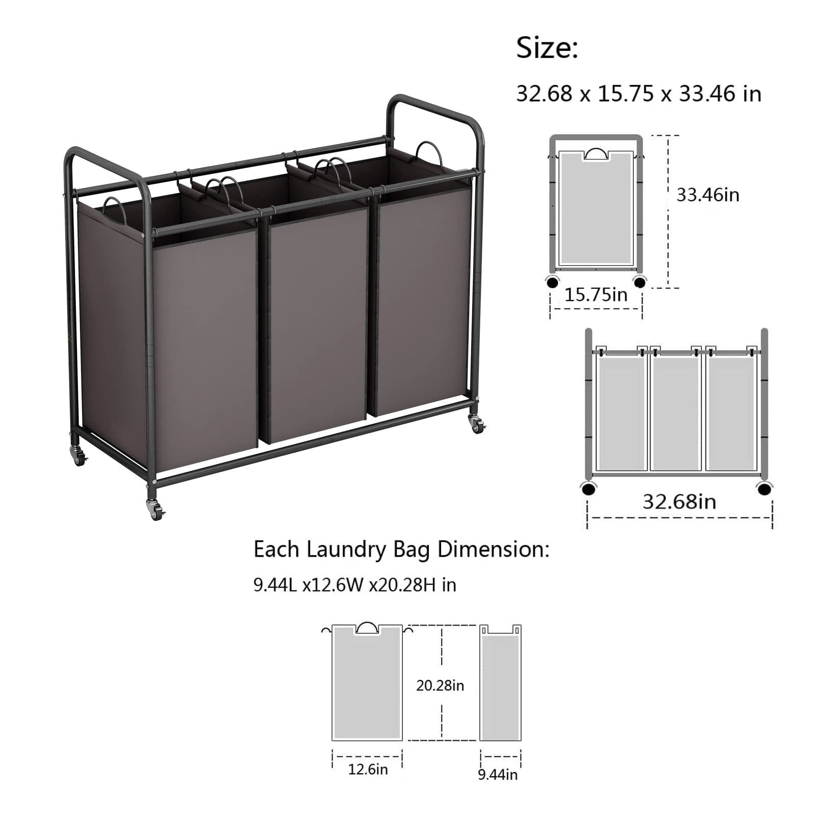 3 Section Laundry Hamper With Rolling Lockable Wheels Clothes Toys Laundry Basket Organizer Laundry Sorter Cart