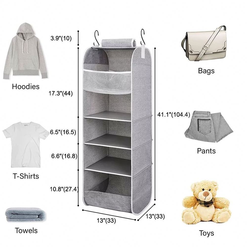 5 Tier Shelf Hanging Closet Organizer Hanging Shelves for with Side Pockets Foldable and Storage for Sweater