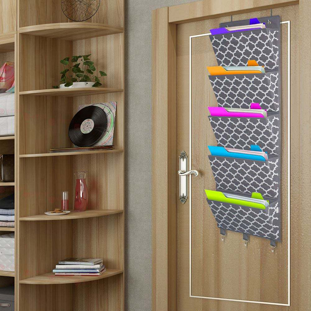 Soft fabric Over the door 5 pockets folding storage bag wall hanging file Mounted closet organizer with 2 Stainless Steel Hooks