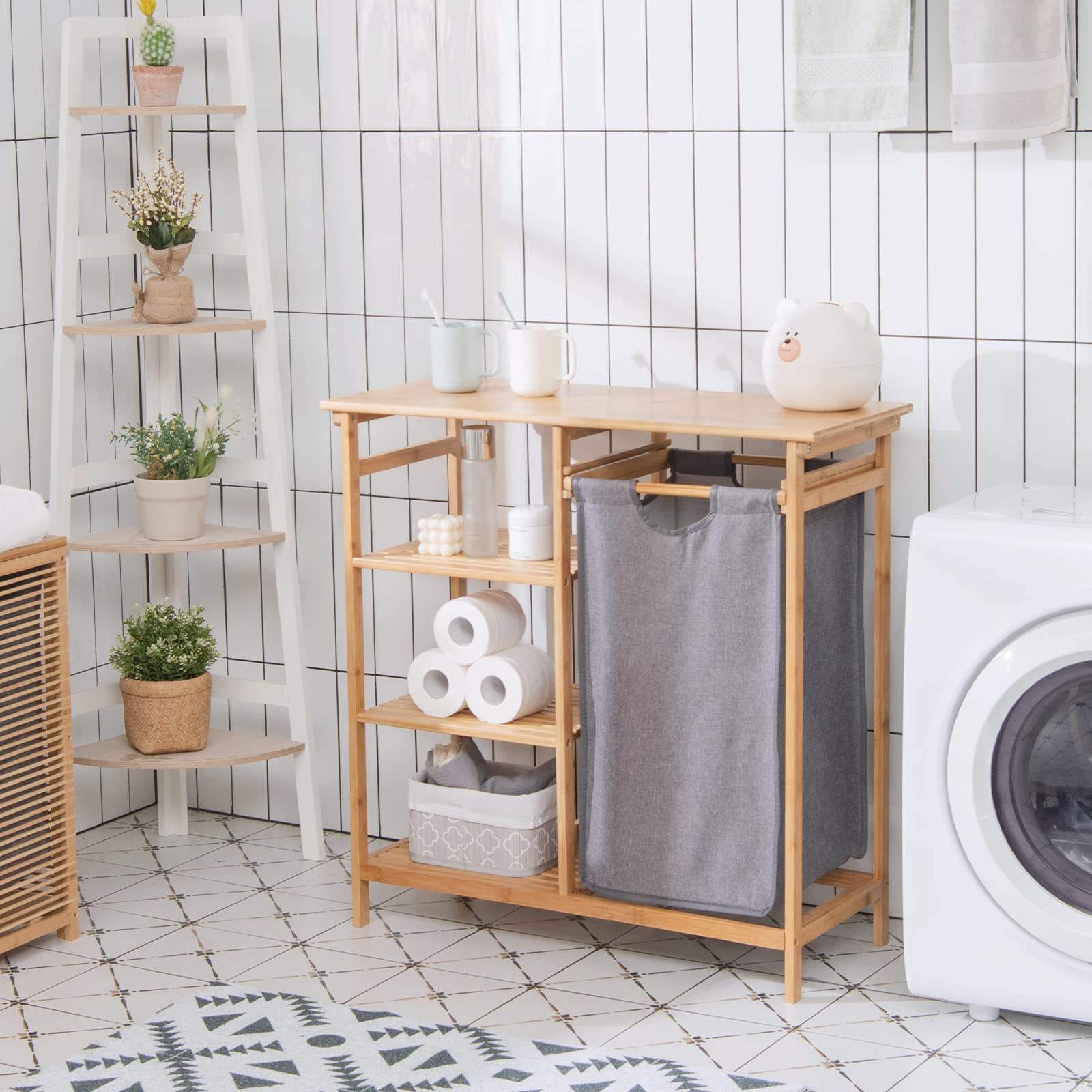 Freestanding Laundry Organizer Sections Laundry Basket with Removable Liner Bamboo Laundry Hamper Stand And Shelf