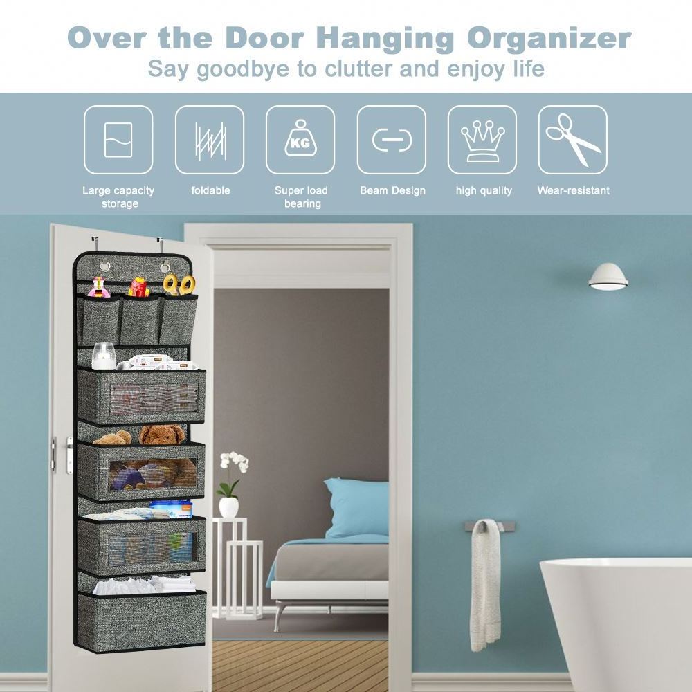 over door pantry organizer with mesh windows and 2 metal hooks for bathroom diapers nursery closet bedroom