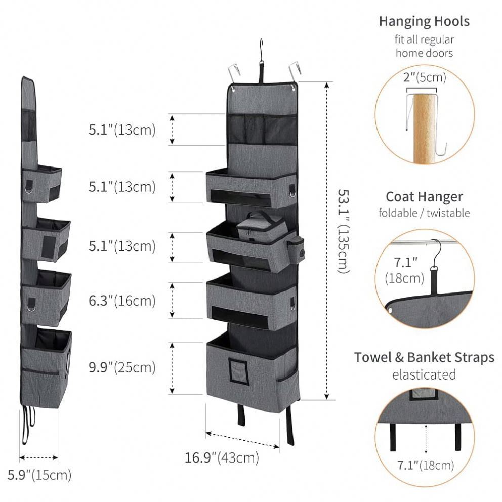 Wall Closet Hanging Storage Bag Multifunctional Over The Door Organizer with 5 Pockets for Bedroom Bathroom