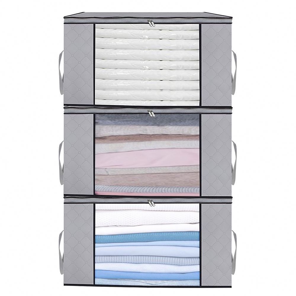 Pack of 3 Extra Capacity Foldable Clothes Storage Bags Closet Organizer with Clear Window and Ribbon Handles