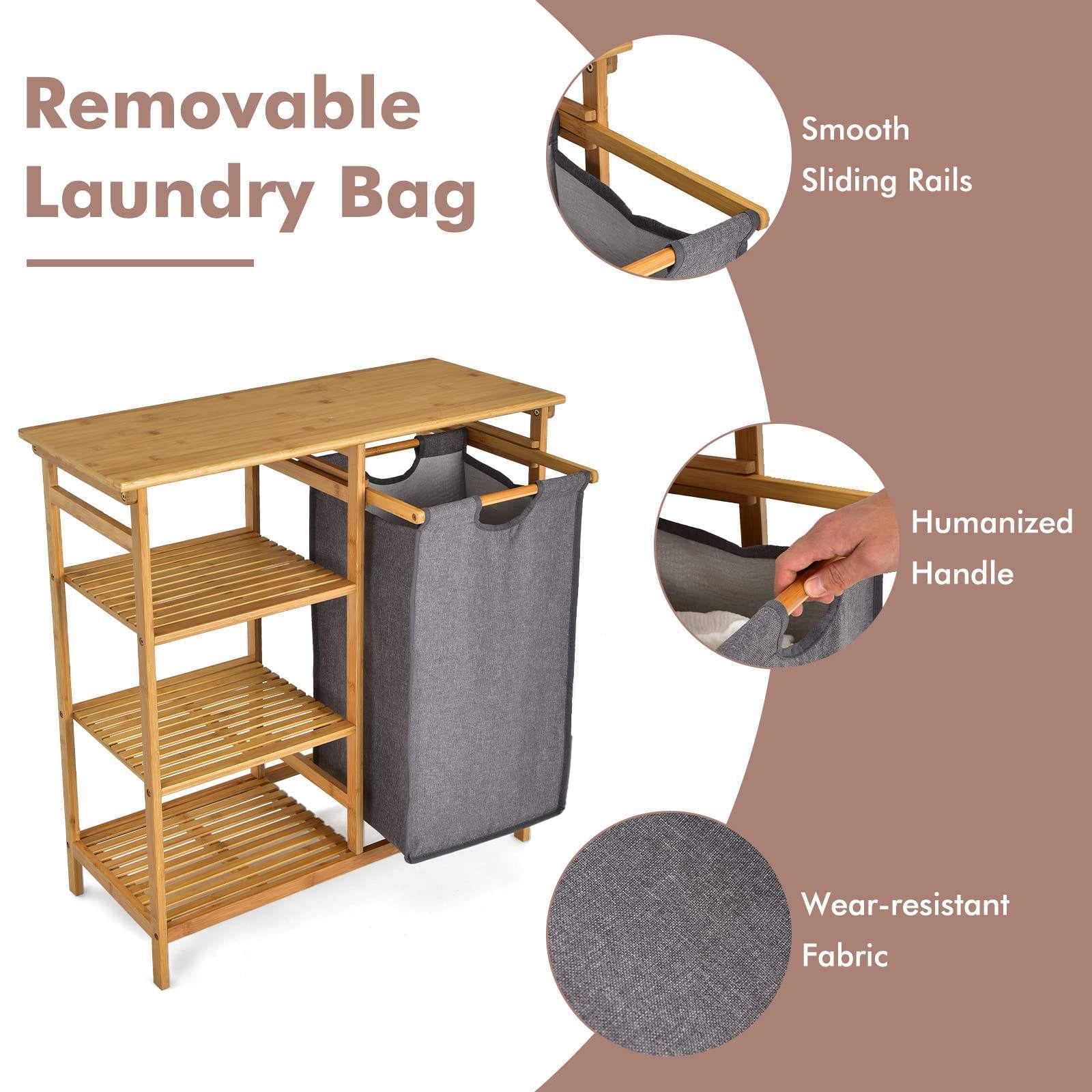 Freestanding Laundry Organizer Sections Laundry Basket with Removable Liner Bamboo Laundry Hamper Stand And Shelf