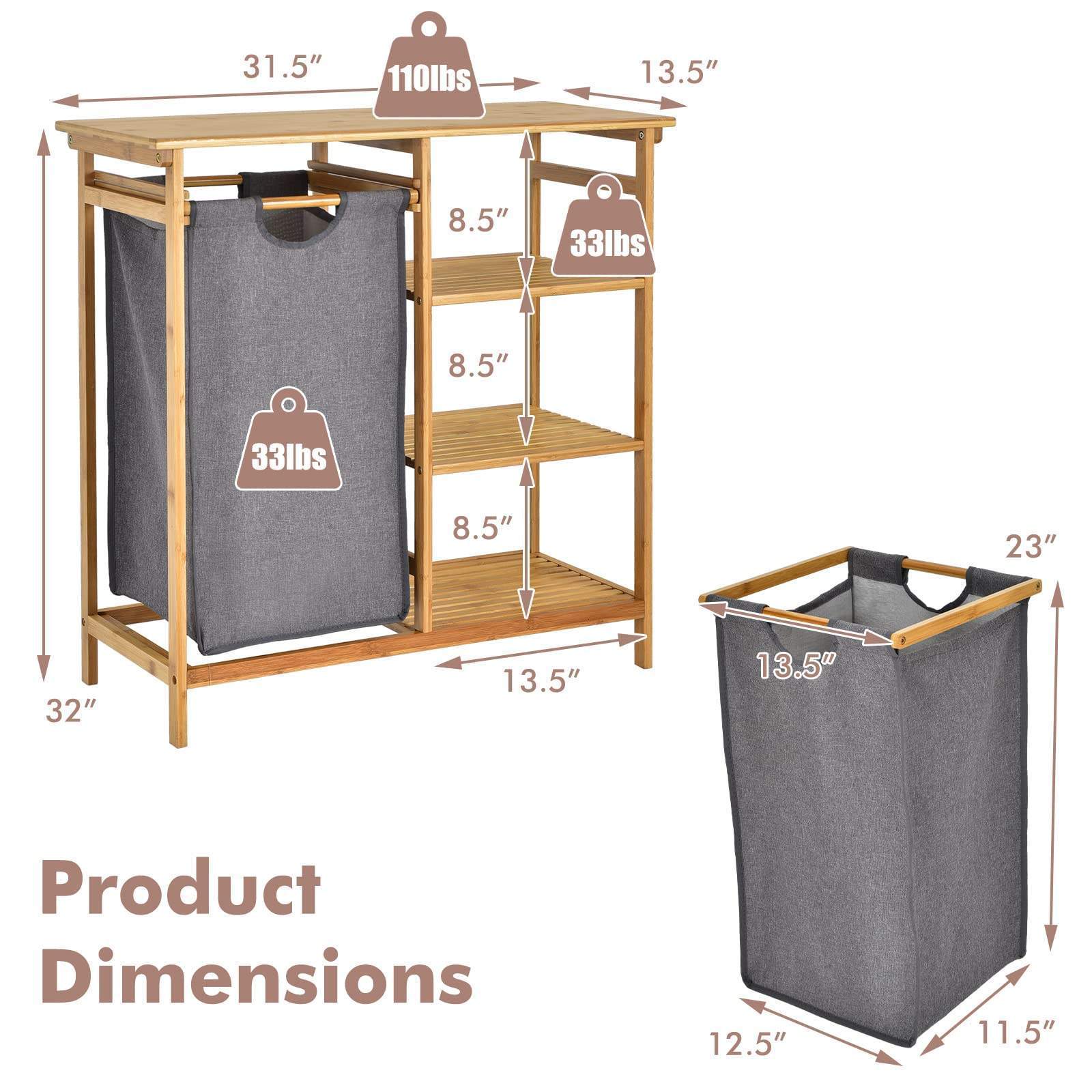 Freestanding Laundry Organizer Sections Laundry Basket with Removable Liner Bamboo Laundry Hamper Stand And Shelf