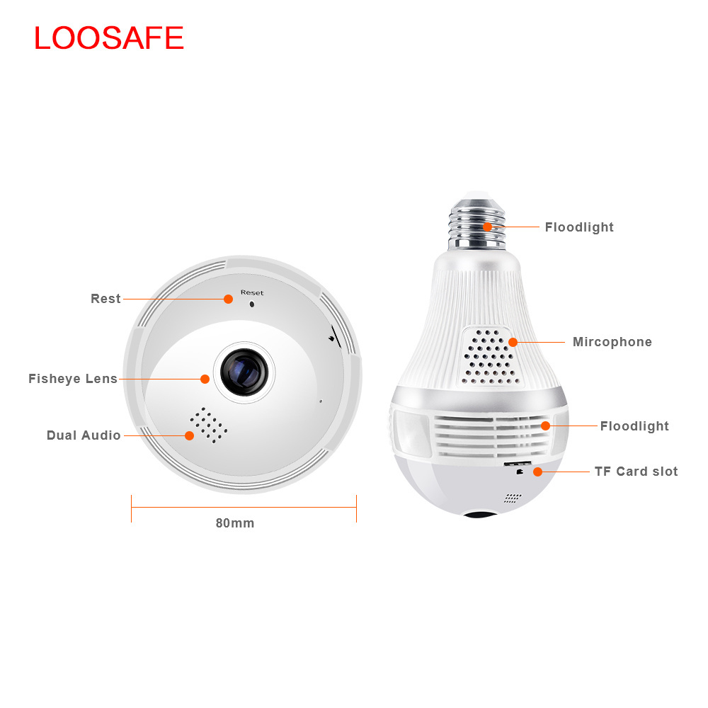 Hot!!!  Loosafe 2MP  360 VR Bulb Camera Support Alarm Security  Wifi 1080P Wireless Light Bulb Camera