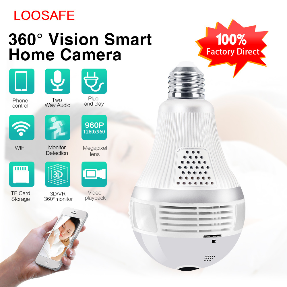 Hot!!!  Loosafe 2MP  360 VR Bulb Camera Support Alarm Security  Wifi 1080P Wireless Light Bulb Camera