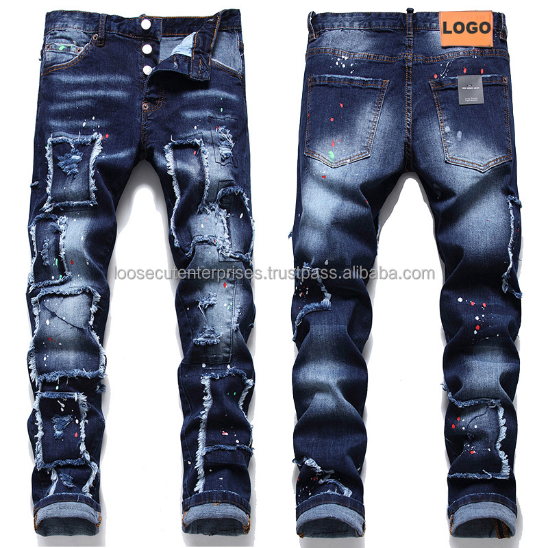 Wholesale Men Custom Logo Jeans Plus Size Men's Ripped Denim Slim Baggy Stacked Trousers Skinny Flare Jeans Pants For Men