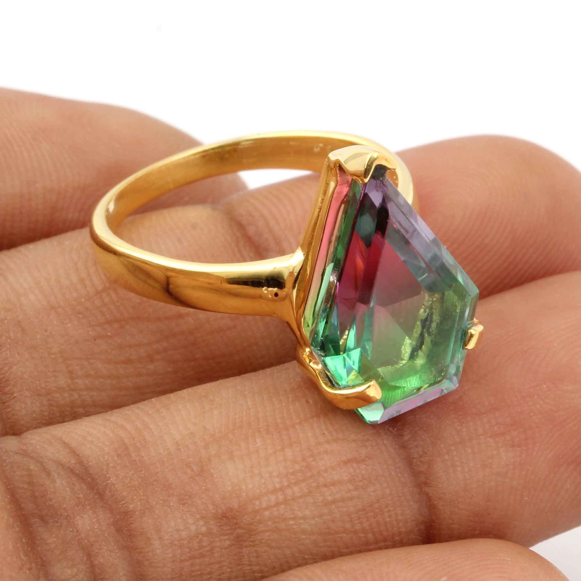 Top Selling Wholesale Bio Tourmaline Doublet Quartz Gemstone Bezel Set 18k Gold plated 925 Sterling Silver Ring Women Jewelry