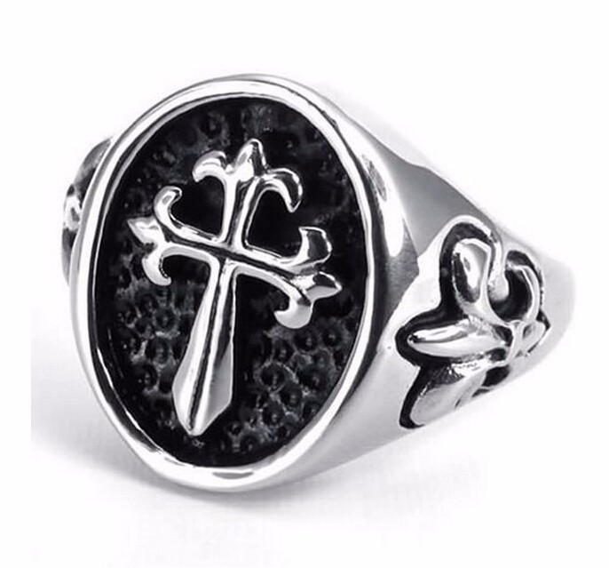 Stainless Steel Celtic Medieval Cross Fleur De Lis Mens Ring , Silver Black