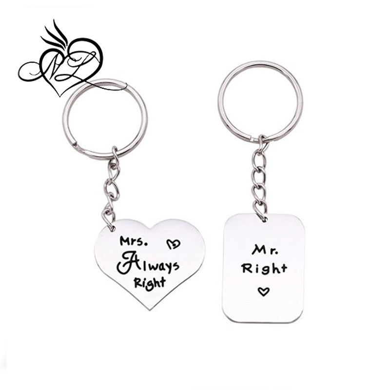 Mr Right & Mrs Always Right Keychain Keyring Set Stainless Steel