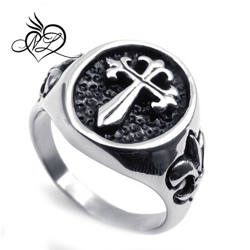 Stainless Steel Celtic Medieval Cross Fleur De Lis Mens Ring , Silver Black